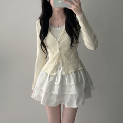 ツーピース 【SET着用可能】リボンレースキャミソール ボタンカーディガン レースミニスカート(6color) CREAM-TOP