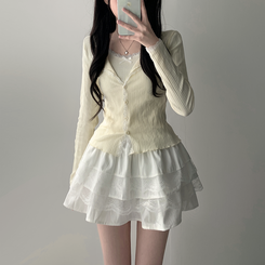 ツーピース 【SET着用可能】リボンレースキャミソール ボタンカーディガン レースミニスカート(6color) CREAM-TOP