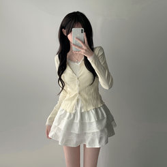 ツーピース 【SET着用可能】リボンレースキャミソール ボタンカーディガン レースミニスカート(6color) CREAM-TOP