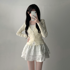 ツーピース 【SET着用可能】リボンレースキャミソール ボタンカーディガン レースミニスカート(6color) CREAM-TOP