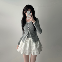 ツーピース 【SET着用可能】リボンレースキャミソール ボタンカーディガン レースミニスカート(6color) GREY-TOP
