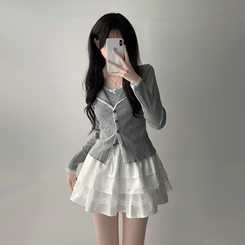 ツーピース 【SET着用可能】リボンレースキャミソール ボタンカーディガン レースミニスカート(6color) GREY-TOP