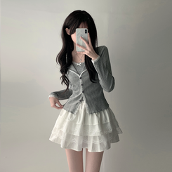 ツーピース 【SET着用可能】リボンレースキャミソール ボタンカーディガン レースミニスカート(6color) GREY-TOP
