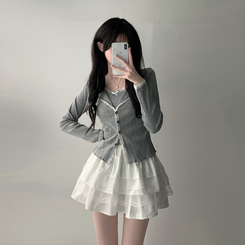 ツーピース 【SET着用可能】リボンレースキャミソール ボタンカーディガン レースミニスカート(6color) GREY-TOP