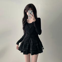 ツーピース 【SET着用可能】リボンレースキャミソール ボタンカーディガン レースミニスカート(6color) BLACK-TOP