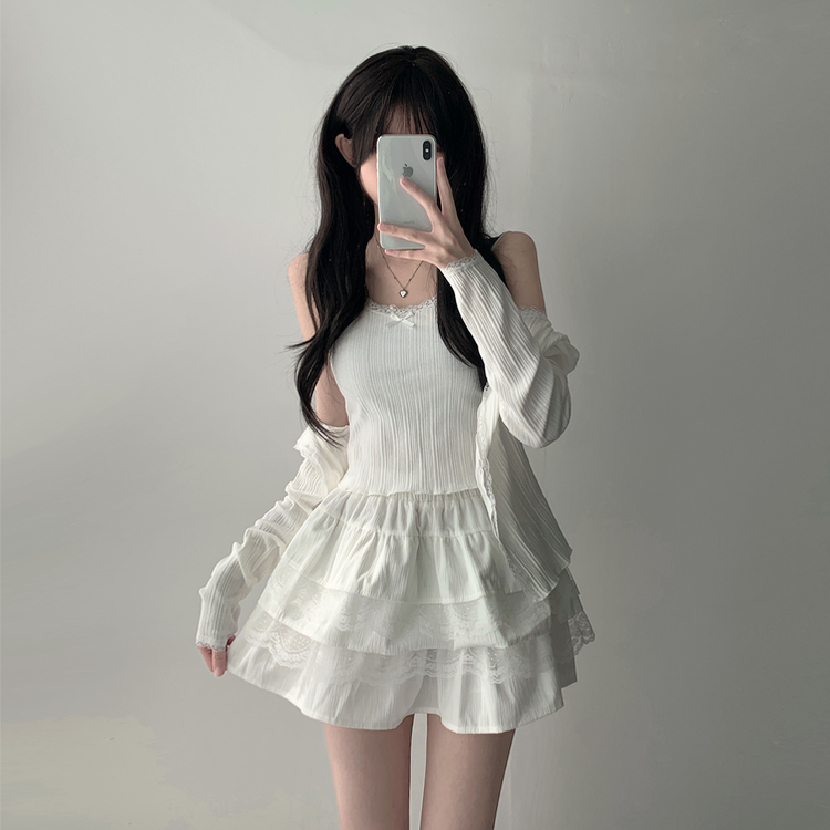 【SET着用可能】リボンレースキャミソール ボタンカーディガン レースミニスカート(6color) IVORY-TOP