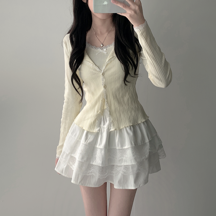 【SET着用可能】リボンレースキャミソール ボタンカーディガン レースミニスカート(6color) CREAM-TOP
