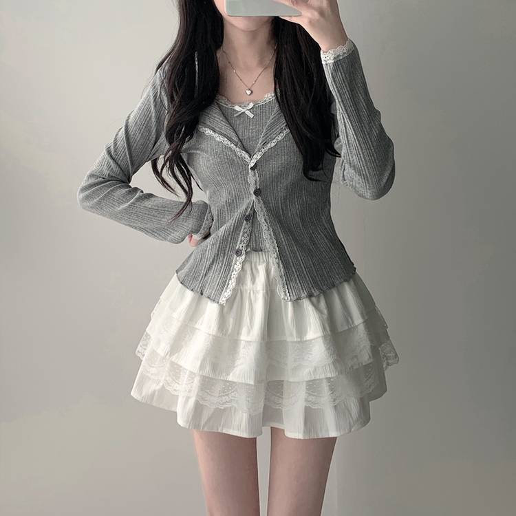 【SET着用可能】リボンレースキャミソール ボタンカーディガン レースミニスカート(6color) GREY-TOP