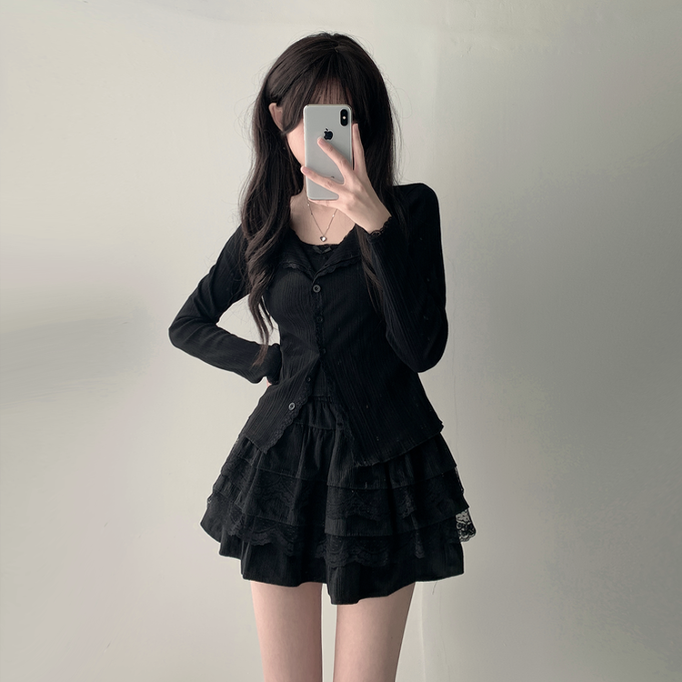 ツーピース 【SET着用可能】リボンレースキャミソール ボタンカーディガン レースミニスカート(6color) BLACK-TOP