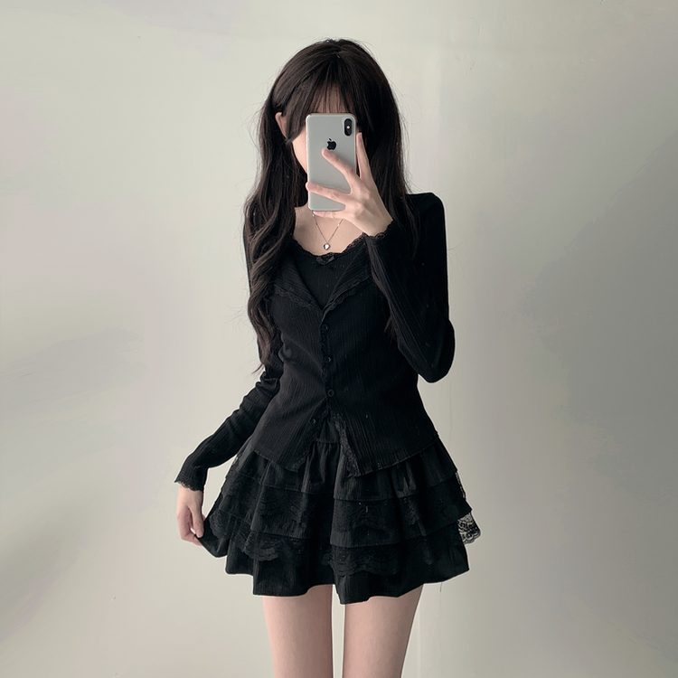 【SET着用可能】リボンレースキャミソール ボタンカーディガン レースミニスカート(6color) BLACK-TOP