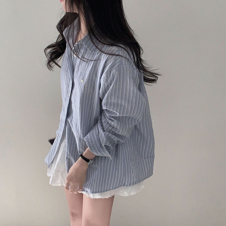 여름교복 확정피부에 달라붙지 않는 엠보싱 팬던트 스트라이프 루즈핏 셔츠 남방 소라