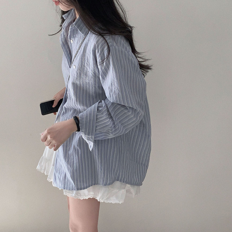 여름교복 확정피부에 달라붙지 않는 엠보싱 팬던트 스트라이프 루즈핏 셔츠 남방 소라