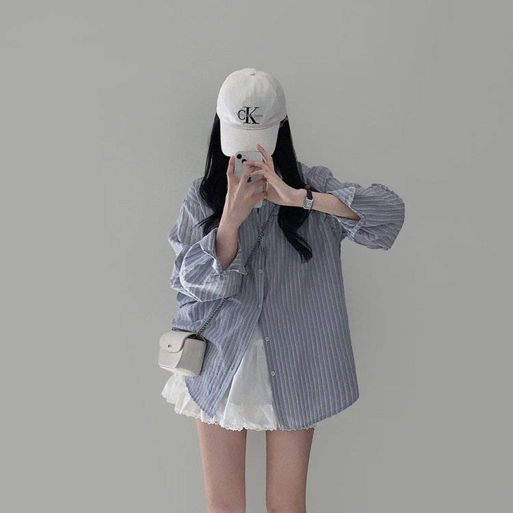 여름교복 확정피부에 달라붙지 않는 엠보싱 팬던트 스트라이프 루즈핏 셔츠 남방 소라