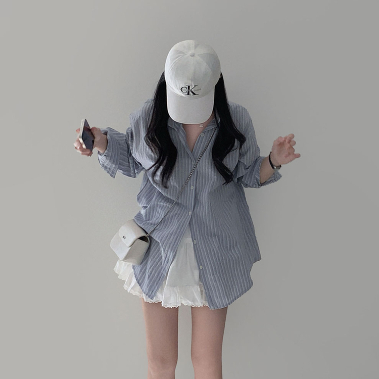 여름교복 확정피부에 달라붙지 않는 엠보싱 팬던트 스트라이프 루즈핏 셔츠 남방 소라