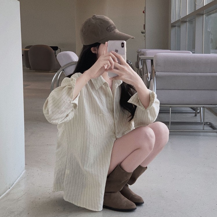 여름교복 확정피부에 달라붙지 않는 엠보싱 팬던트 스트라이프 루즈핏 셔츠 남방 베이지