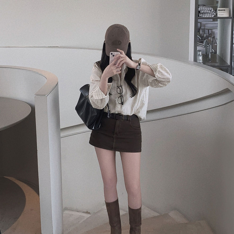 여름교복 확정피부에 달라붙지 않는 엠보싱 팬던트 스트라이프 루즈핏 셔츠 남방 베이지