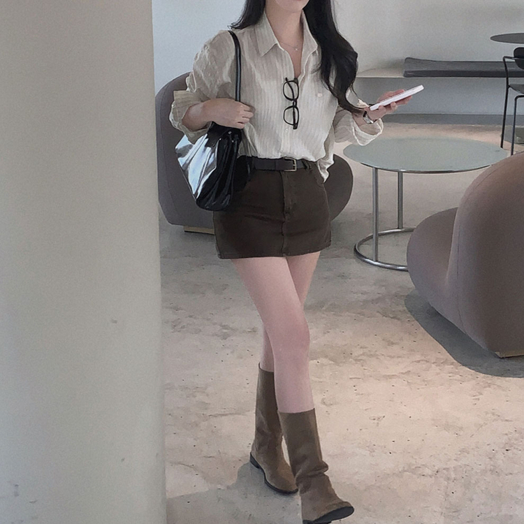 여름교복 확정피부에 달라붙지 않는 엠보싱 팬던트 스트라이프 루즈핏 셔츠 남방 베이지