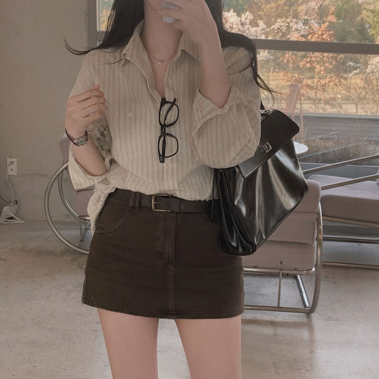 여름교복 확정피부에 달라붙지 않는 엠보싱 팬던트 스트라이프 루즈핏 셔츠 남방 베이지