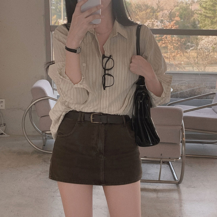 여름교복 확정피부에 달라붙지 않는 엠보싱 팬던트 스트라이프 루즈핏 셔츠 남방 베이지