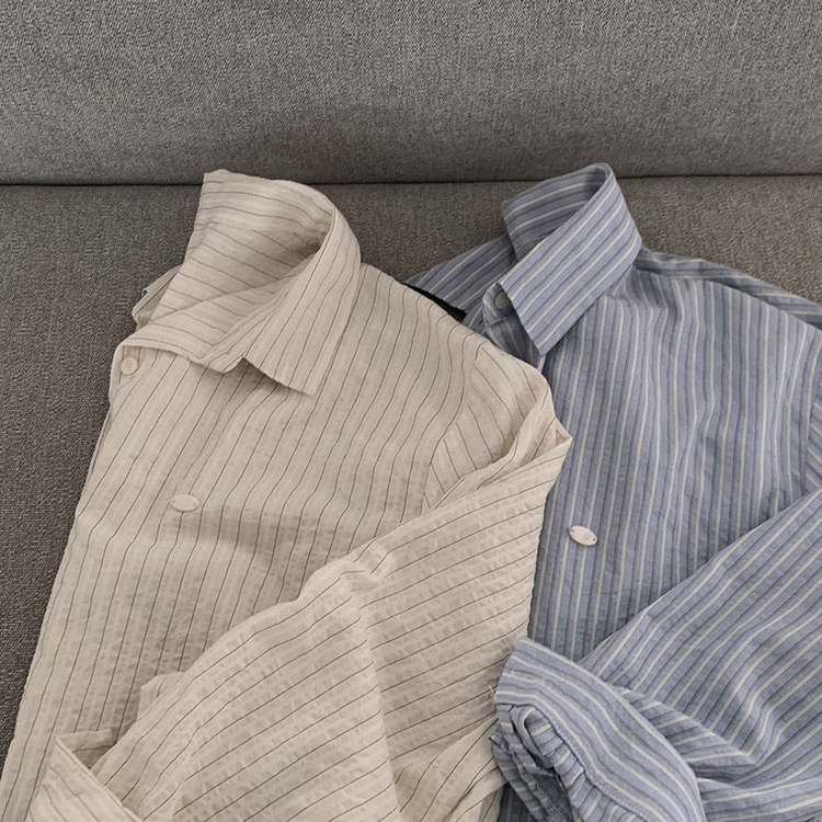 여름교복 확정피부에 달라붙지 않는 엠보싱 팬던트 스트라이프 루즈핏 셔츠 남방