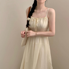 Aラインリボンロングワンピース BEIGE