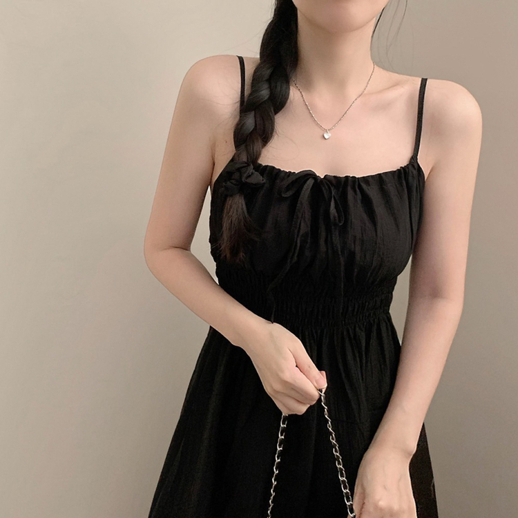 바다 스모크 A라인 민소매 나시 끈나시 리본 여름 원피스 롱원피스 휴양지룩 바캉스 여름 제주도 블랙