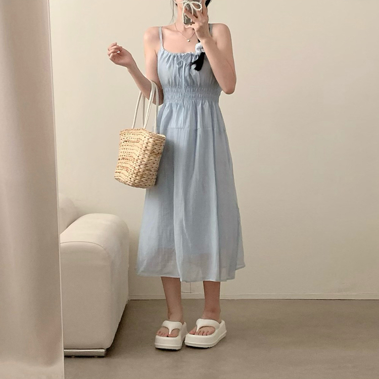 Aラインリボンロングワンピース SKY BLUE