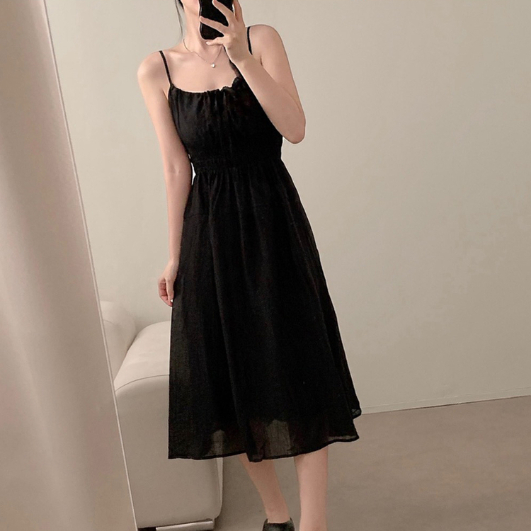 Aラインリボンロングワンピース BLACK