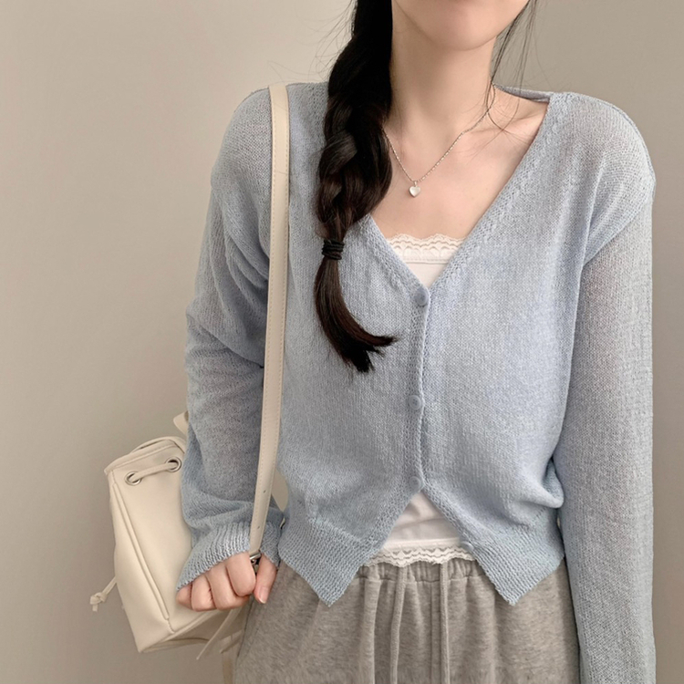 레블 브이넥 긴팔 니트 여름 가디건 여름가디건 소라