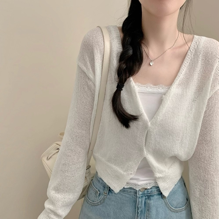 레블 브이넥 긴팔 니트 여름 가디건 여름가디건 아이보리