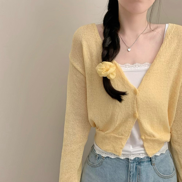 레블 브이넥 긴팔 니트 여름 가디건 여름가디건 옐로우