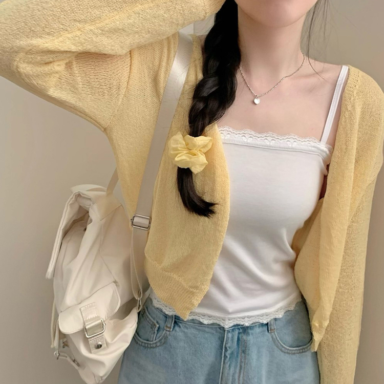 레블 브이넥 긴팔 니트 여름 가디건 여름가디건 옐로우