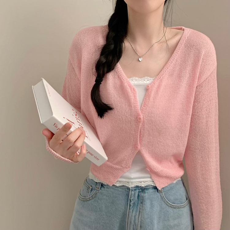 레블 브이넥 긴팔 니트 여름 가디건 여름가디건 핑크