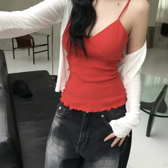 ノースリーブ パンチングフリルキャミソール RED