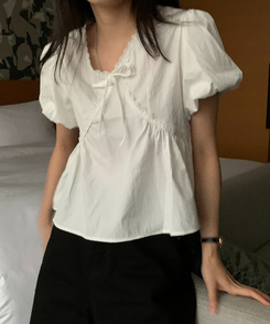 リボンレース半袖ブラウス IVORY