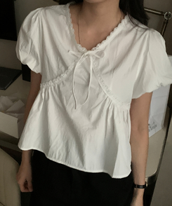 リボンレース半袖ブラウス IVORY