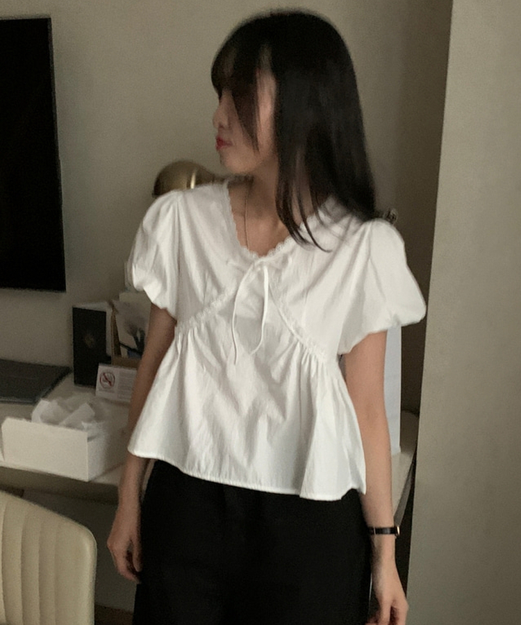 リボンレース半袖ブラウス IVORY