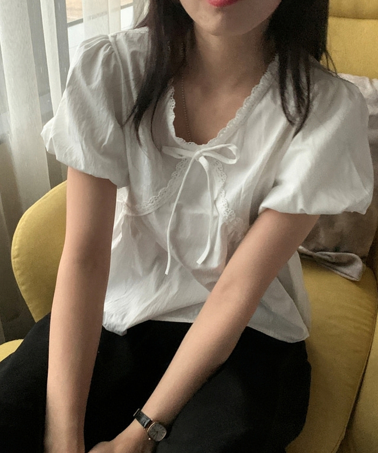 リボンレース半袖ブラウス IVORY