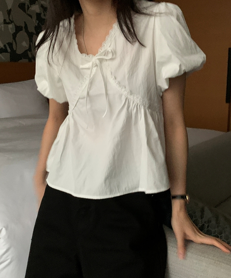 リボンレース半袖ブラウス IVORY
