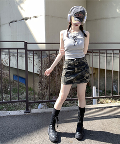 [MADE/쇠맛/HIP무드] 플래쉬 하이웨스트 리얼 카고 포켓 밀리터리 카모 패턴 A핏 미니 숏 스커트 카모밀리터리