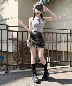 [MADE/쇠맛/HIP무드] 플래쉬 하이웨스트 리얼 카고 포켓 밀리터리 카모 패턴 A핏 미니 숏 스커트 카모밀리터리
