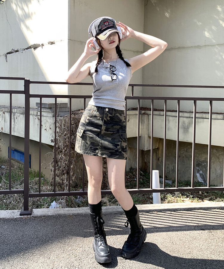 [MADE/쇠맛/HIP무드] 플래쉬 하이웨스트 리얼 카고 포켓 밀리터리 카모 패턴 A핏 미니 숏 스커트 카모밀리터리