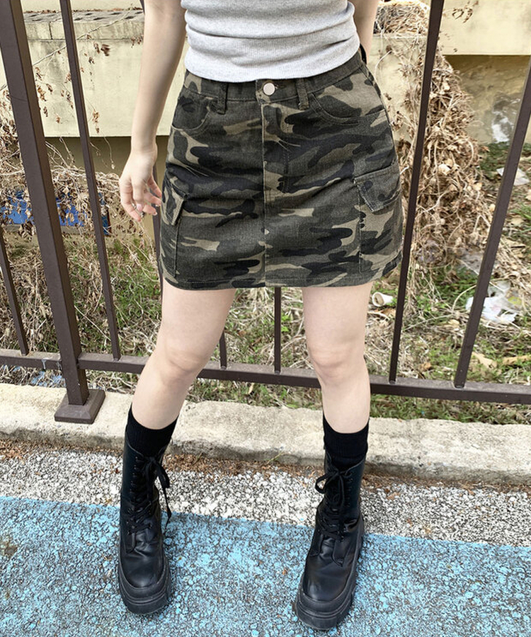 [MADE/쇠맛/HIP무드] 플래쉬 하이웨스트 리얼 카고 포켓 밀리터리 카모 패턴 A핏 미니 숏 스커트 카모밀리터리