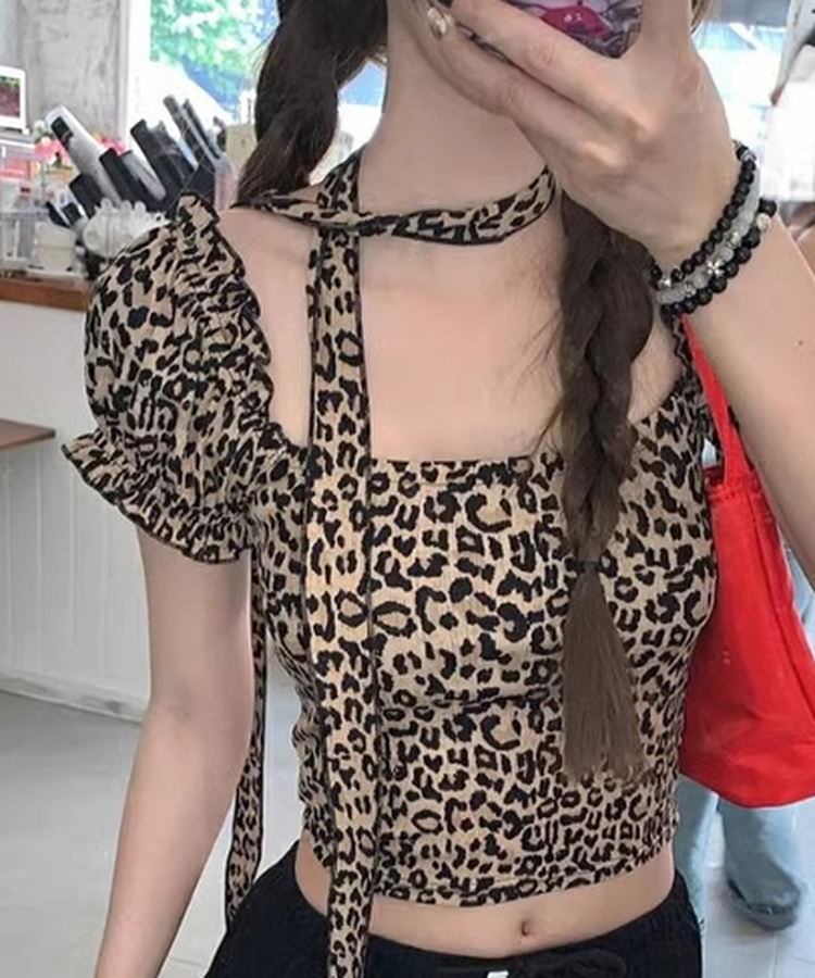【タイ付き】レオパードクロップ半袖Tシャツ BROWN
