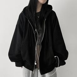 オーバーピグメントフードジップアップ BLACK