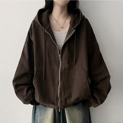 オーバーピグメントフードジップアップ BROWN