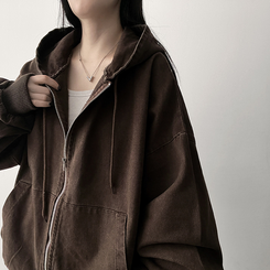 オーバーピグメントフードジップアップ BROWN