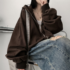 オーバーピグメントフードジップアップ BROWN