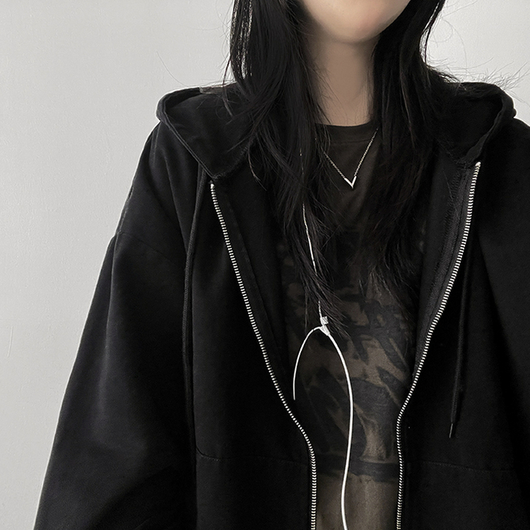 オーバーピグメントフードジップアップ BLACK