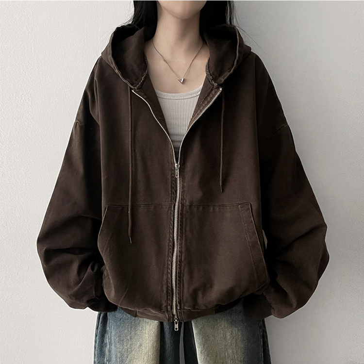 オーバーピグメントフードジップアップ BROWN